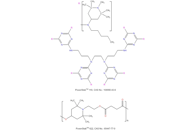 Eine Biegung eines methyl ierten Lichts tabilisators mit hohem Molekular gewicht (PowerS tab 119) und eines oligo meren PowerS tab 622